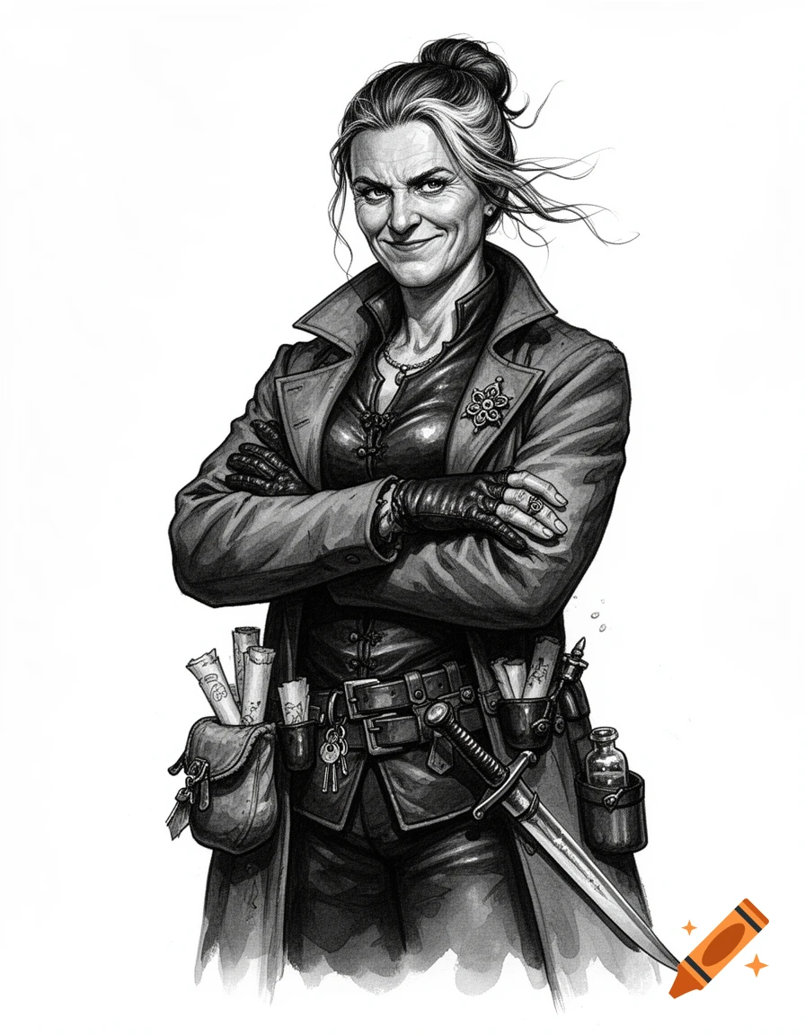 A black and white ink drawing of a stern, older woman with grey streaks in her hair, crossing her arms and smiling slyly. She wears a long coat, leather attire, gloves, and a utility belt with a dagger, keys, scrolls, and vials.