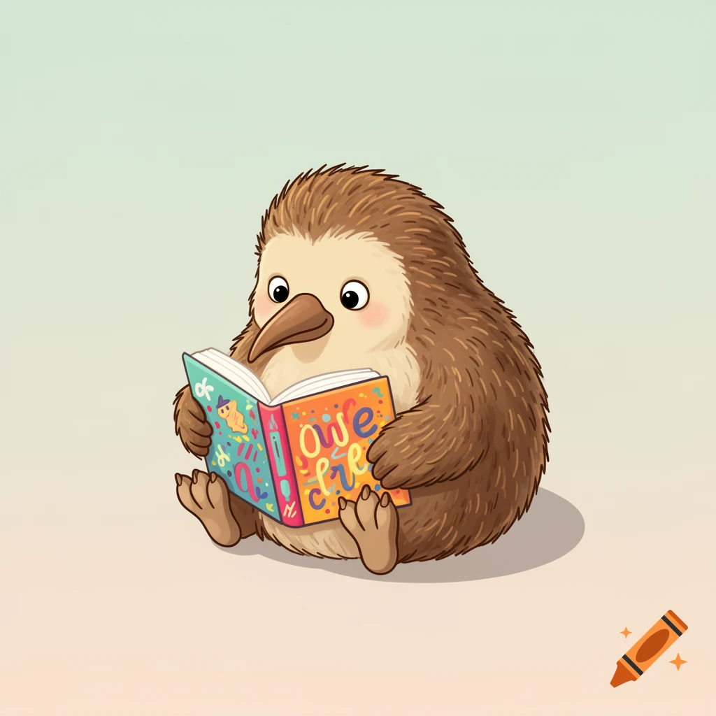 A cute cartoon kiwi bird with a brown body and pale face sits reading a colorful book with illegible text.