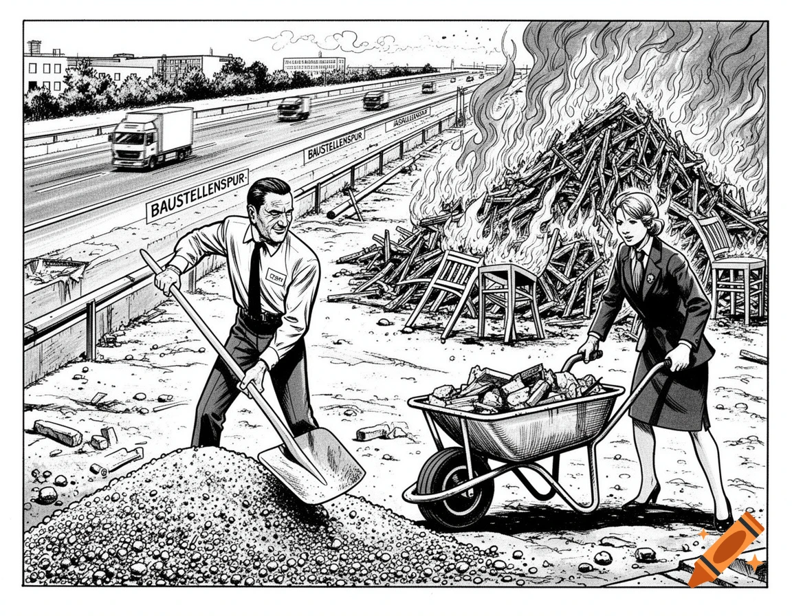 Black and white comic showing two officials working at a highway construction site. A man shovels gravel, and a woman pushes a wheelbarrow towards a large pile of burning chairs, with cars on the highway in the background.