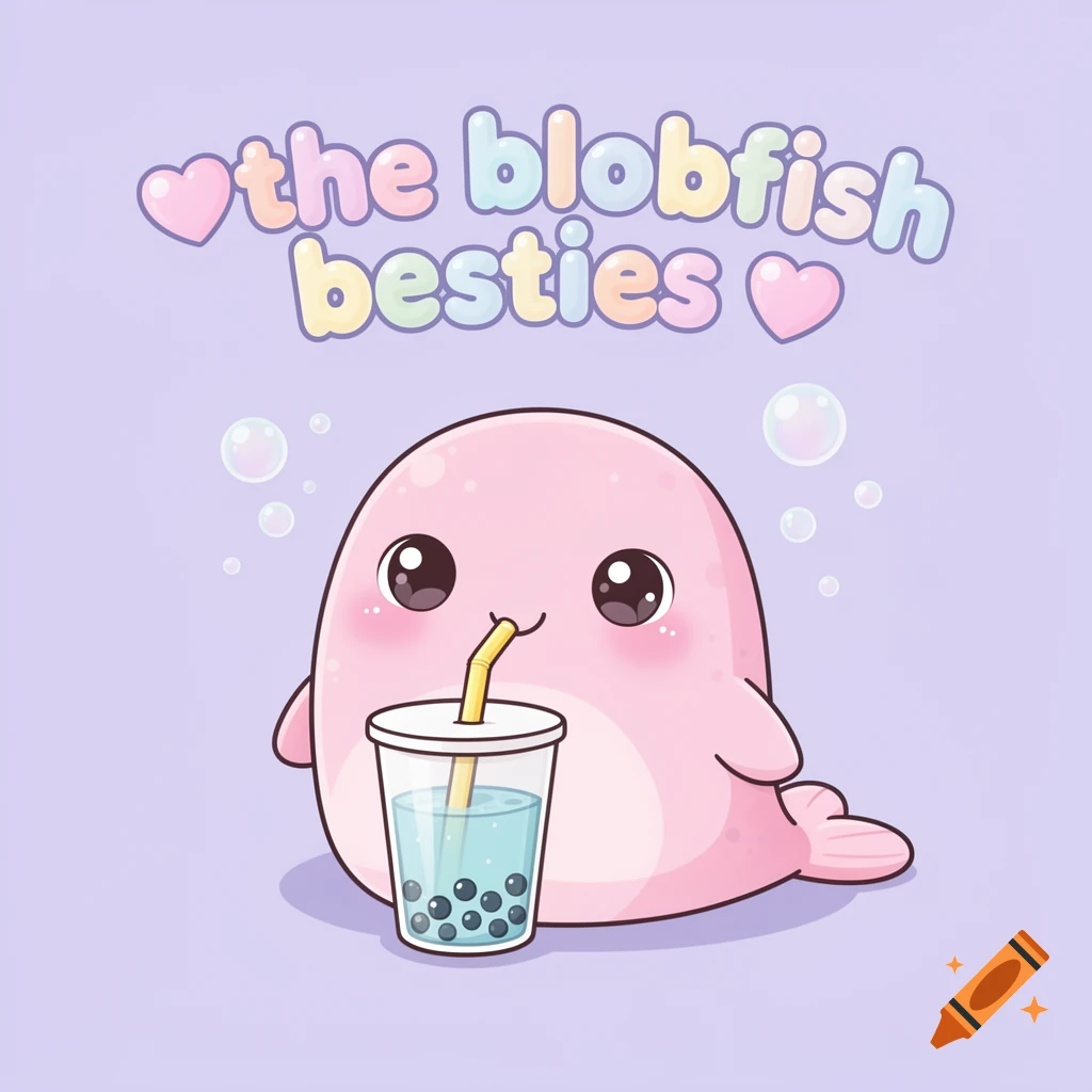 Pastel pink kawaii blobfish character with rosy cheeks drinking light blue boba tea, with text 'the blobfish besties' on a lilac background.