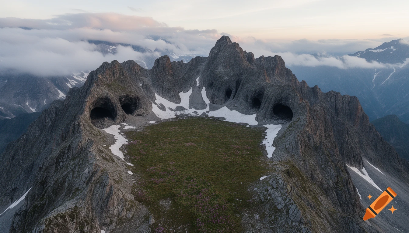 Aerial view of a rugged mountain peak with several large cave entrances, snow patches, and a grassy clearing with purple flowers.
