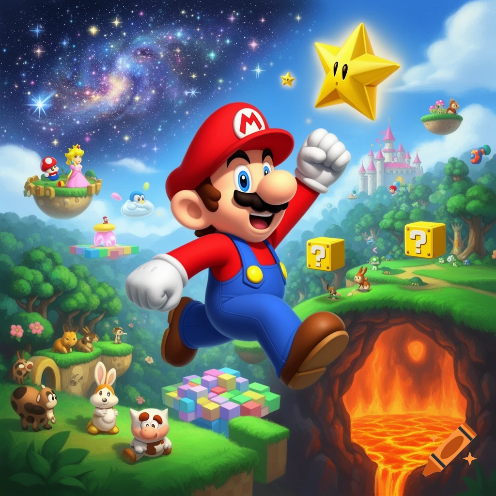 Mario jumps in a vibrant fantasy landscape with stars, floating islands, a castle, and lava, in a cartoon style.