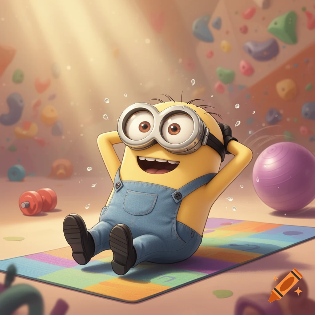 A cheerful Minion in overalls and goggles does situps on a colorful mat in a gym, sweating and smiling, with exercise equipment in the background.