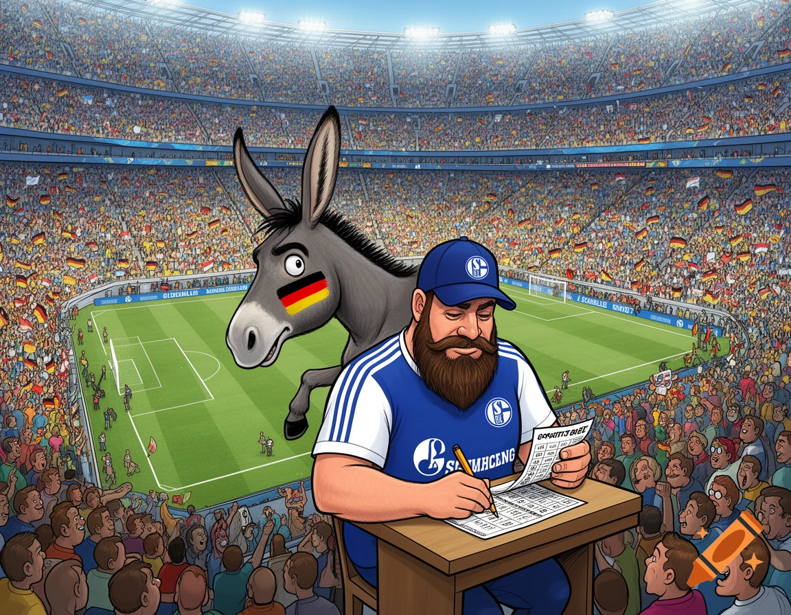 Comic illustration of a donkey with German flag face paint filling a betting slip on a man's back in a crowded football stadium.