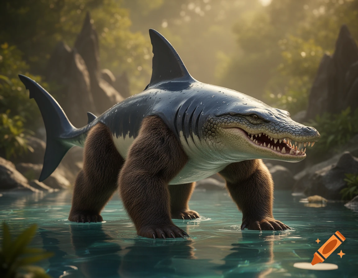 Photorealistic hybrid creature with a shark body, alligator head, and furry bear legs standing in shallow jungle water.