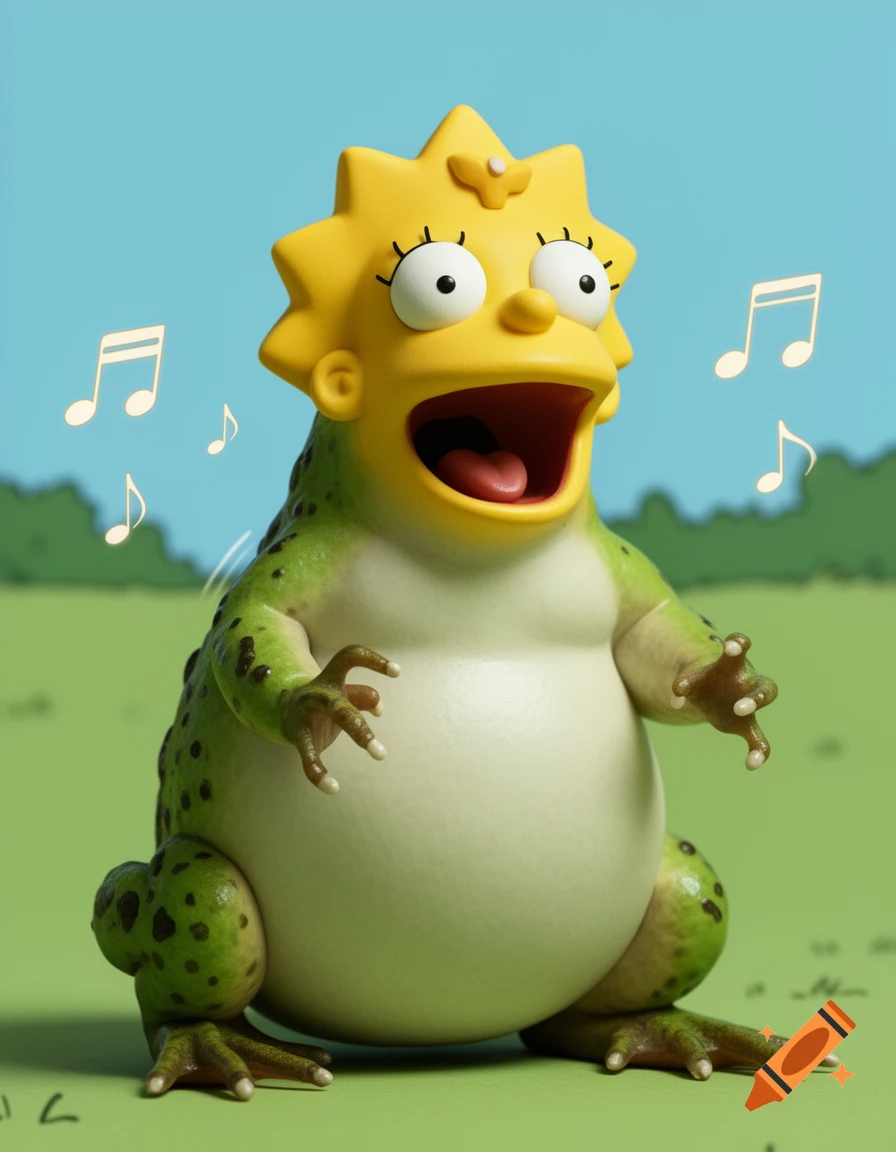 Lisa Simpson's head on a green frog body, singing happily with musical notes floating around, set against a blue and green background.