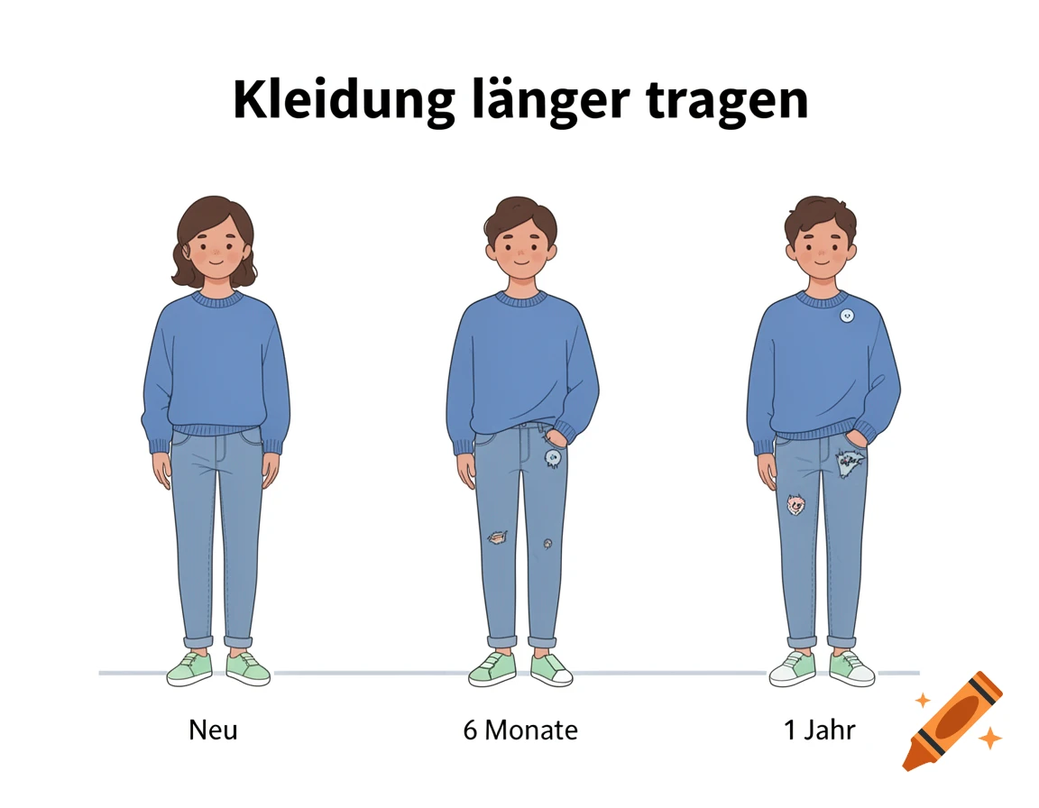 Vector illustration of three figures showing the lifespan of clothing: new, 6 months (with patches), and 1 year (with more patches).