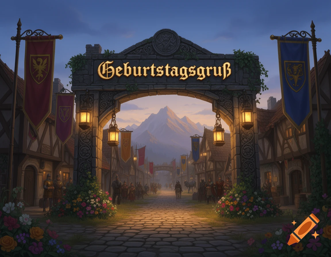 A stone archway with "Geburtstagsgruß" text frames a medieval town street at dusk, with buildings, banners, people, and mountains.