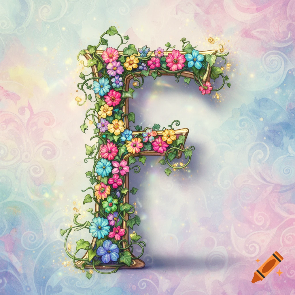 A decorative golden letter F, adorned with vibrant pink, blue, and yellow flowers and green vines, on a soft pastel watercolor background.