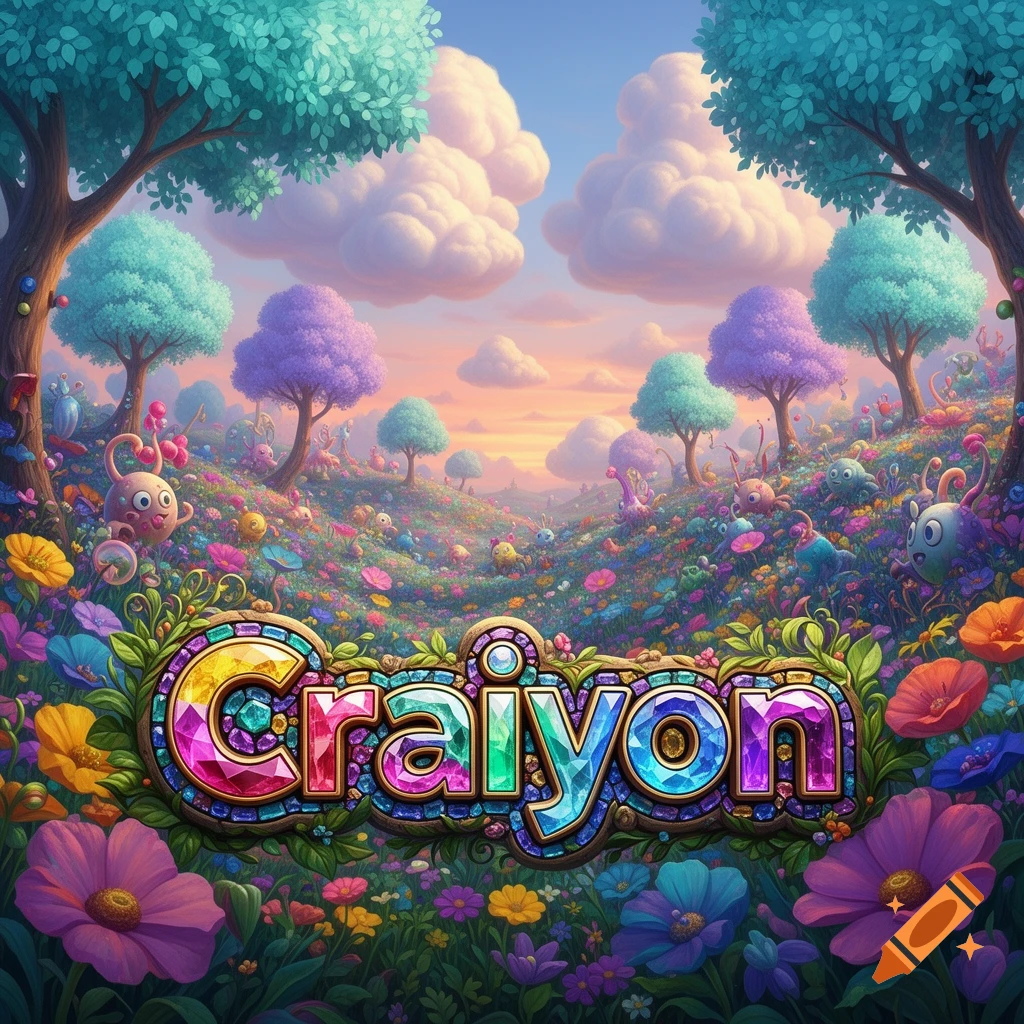 Vibrant whimsical fantasy landscape with colorful trees, flower-filled hills, and cute creatures, featuring the word 'Craiyon' in jewel-like letters.