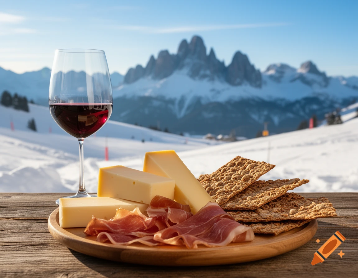 A glass of red wine, cheese, prosciutto, and crackers on a wooden table with snowy mountains in the background.