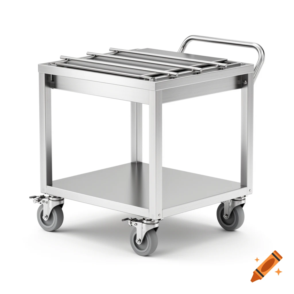 Photorealistic rendering of a compact stainless steel utility cart with two shelves and locking caster wheels on a white background.