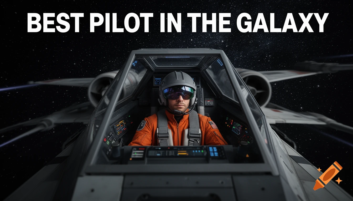 A photorealistic image of a pilot in an X-wing cockpit flying in space, with the text 'BEST PILOT IN THE GALAXY' at the top.