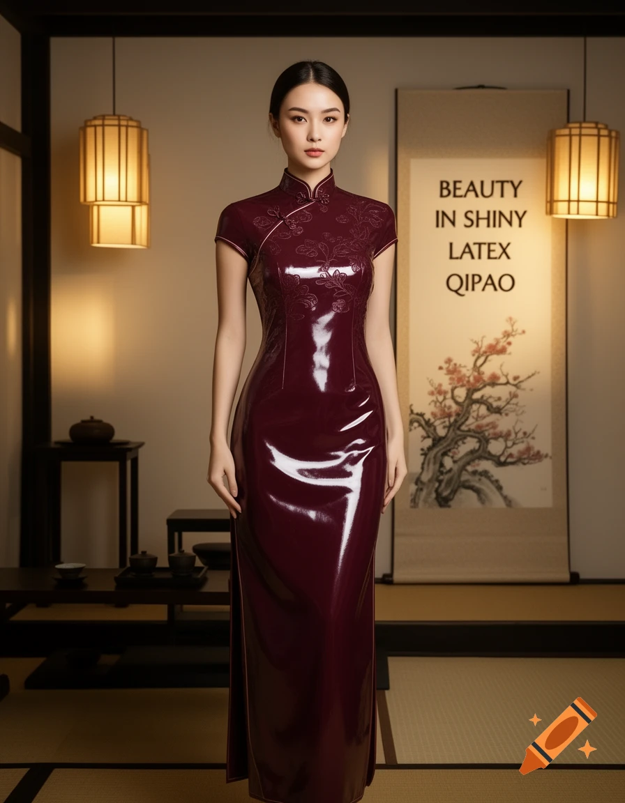 A woman in a shiny burgundy latex qipao with floral patterns stands in a traditional Japanese-style room.
