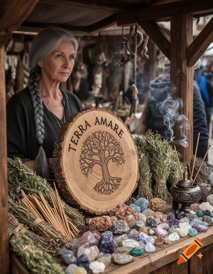 A woman with a gray braid at a market stall displaying herbs, colorful gemstones, smoking incense, and a 'TERRA AMARE' wooden disc.