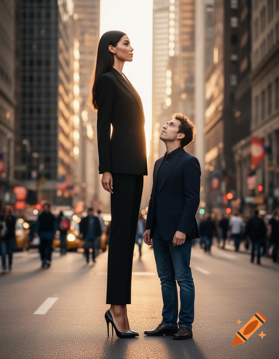 A very tall woman in a black suit stands in a city street next to a shorter man looking up at her, with a city skyline at sunset.