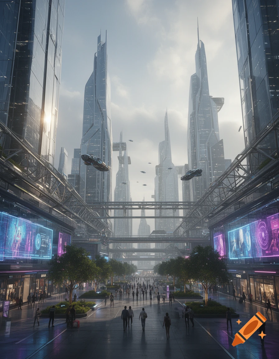 A bustling futuristic city street with towering skyscrapers, flying vehicles, glowing neon signs, and people walking below.