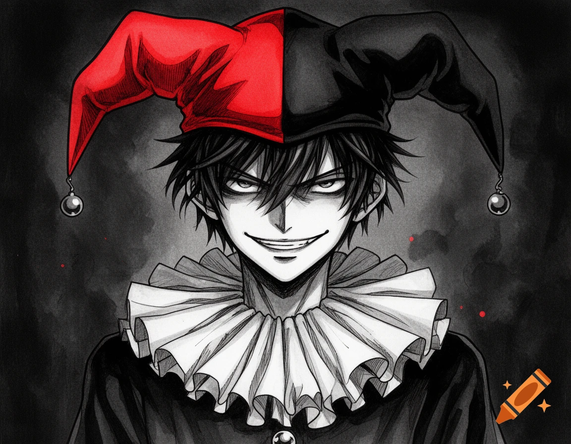 Anime boy with a creepy smirk, wearing a red and black jester hat and ruffle collar, in a dark ink sketch style.