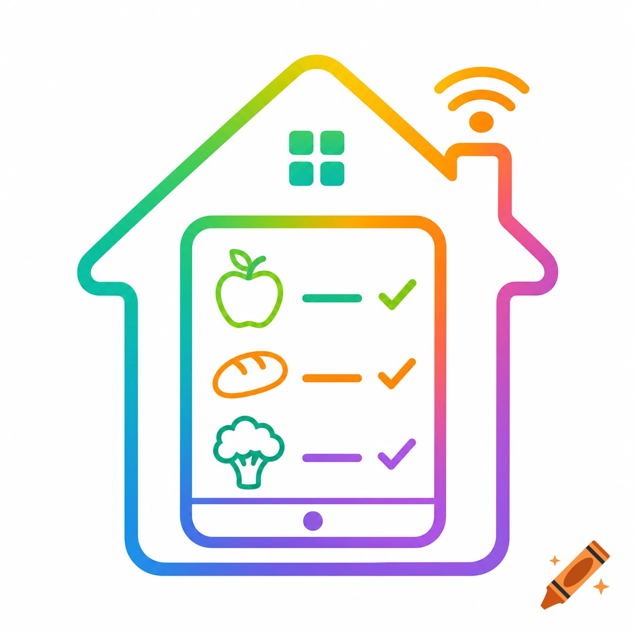 Colorful gradient line art logo of a smart home with a shopping list on a tablet inside, featuring food icons and a wifi signal.