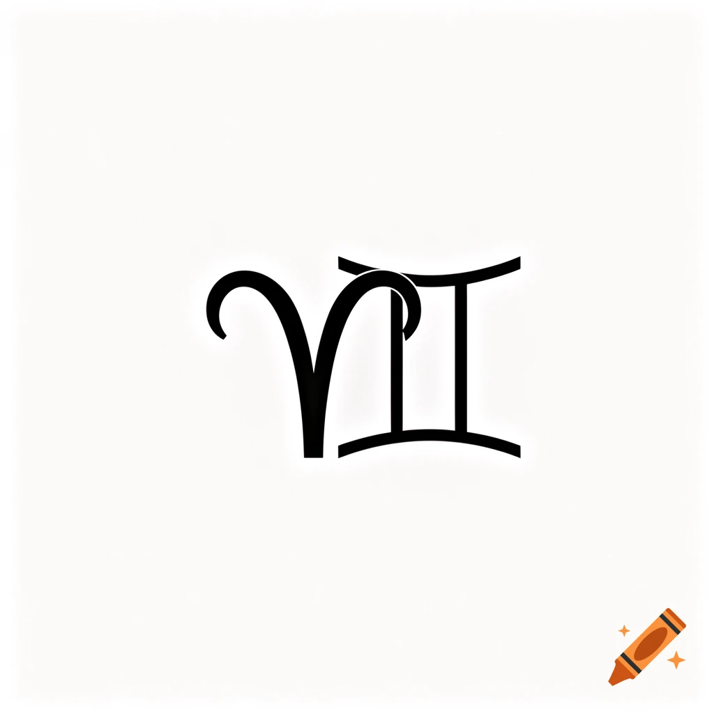 A minimalist black and white design showing the Aries zodiac symbol connected with the Gemini zodiac symbol.