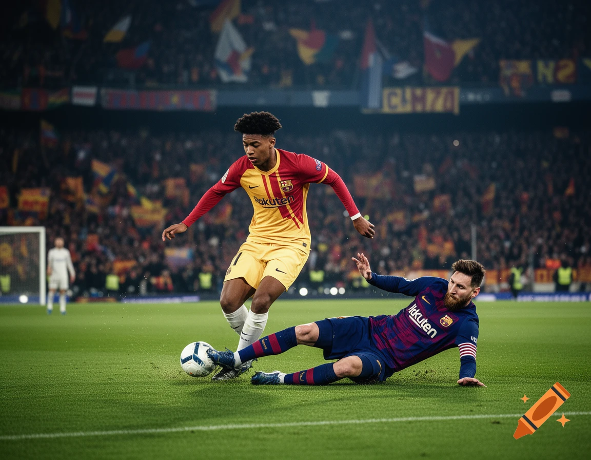 A soccer player in a yellow and red jersey dribbles past an opponent in a blue and red jersey who is falling to the ground during a match.