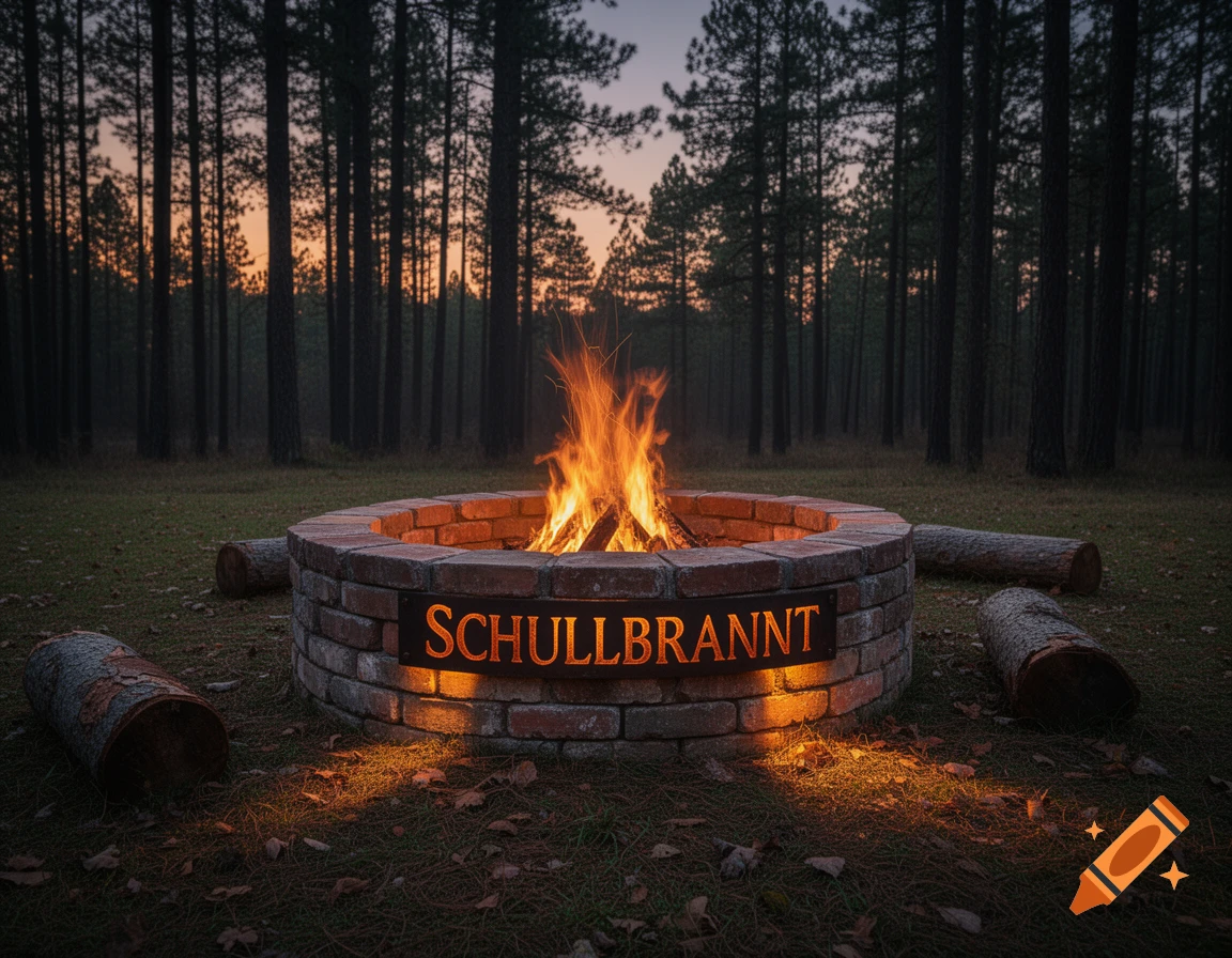 A photorealistic image of a brick fire pit with a blazing fire and the text 'SCHULLBRANNT' in a forest at dusk.