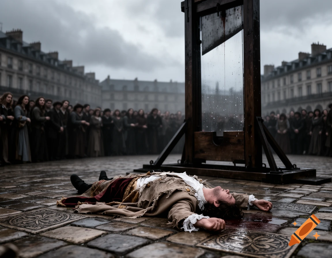 A man lies on the wet cobblestones before a guillotine, with a somber crowd gathered in a historical town square under a cloudy sky.