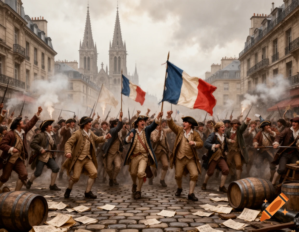 A large crowd in 18th-century attire marches through a European city street, waving French flags and torches, with cathedrals in the background.