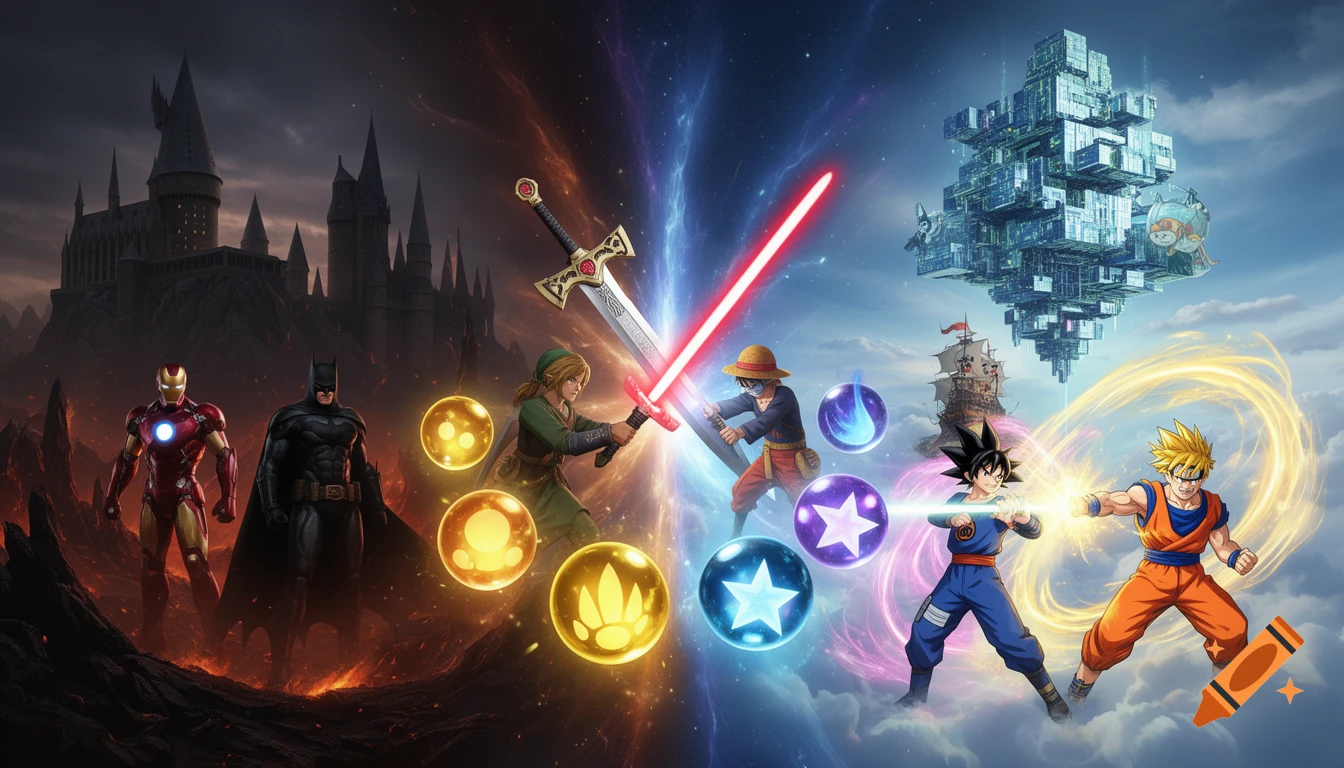 Epic multiverse crossover with Iron Man, Batman, Hogwarts, Link, Luffy, Goku, and Naruto across cinematic and anime styles.