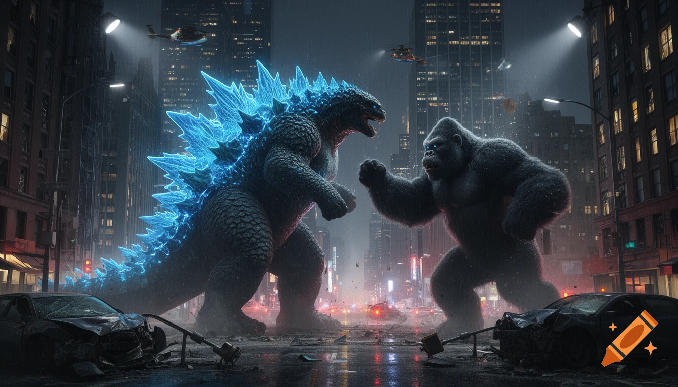 Godzilla with glowing blue spikes battles King Kong in a destroyed city street at night, with helicopters flying above.