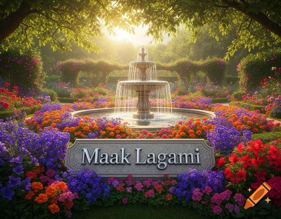 A vibrant garden with a stone fountain surrounded by colorful flowers under sunlit trees. A sign reads 'Maak Lagami'.