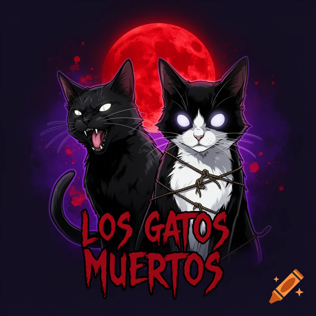Two stylized cats, one black snarling and one black and white tied with ropes, both with glowing eyes, against a blood-red moon. Text below reads "LOS GATOS MUERTOS".