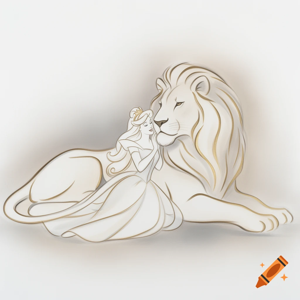 A minimalist white illustration with gold outlines showing a Sleeping Beauty-like princess hugging a large, reclining white lion.
