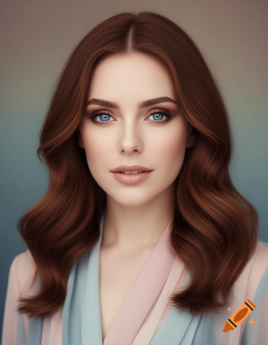 Close-up photorealistic portrait of a woman with long wavy reddish-brown hair, striking blue eyes, and soft makeup, wearing a pastel blue and pink top.