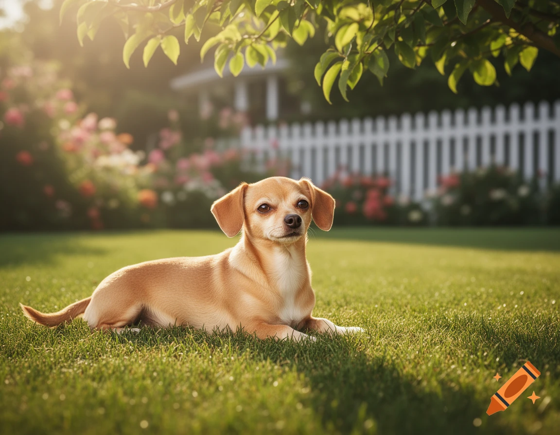 A small tan Chiweenie dog with floppy ears lies on a sun-dappled green lawn, with a white picket fence and flowers in the background.