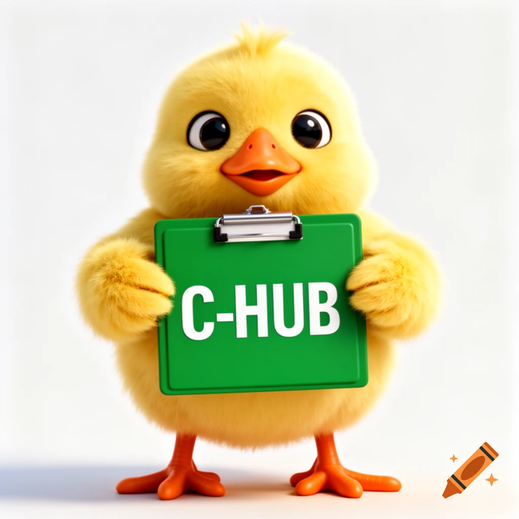 A cute yellow chick with an orange beak and feet, holding a green clipboard with "C-HUB" in white text, 3D render style.