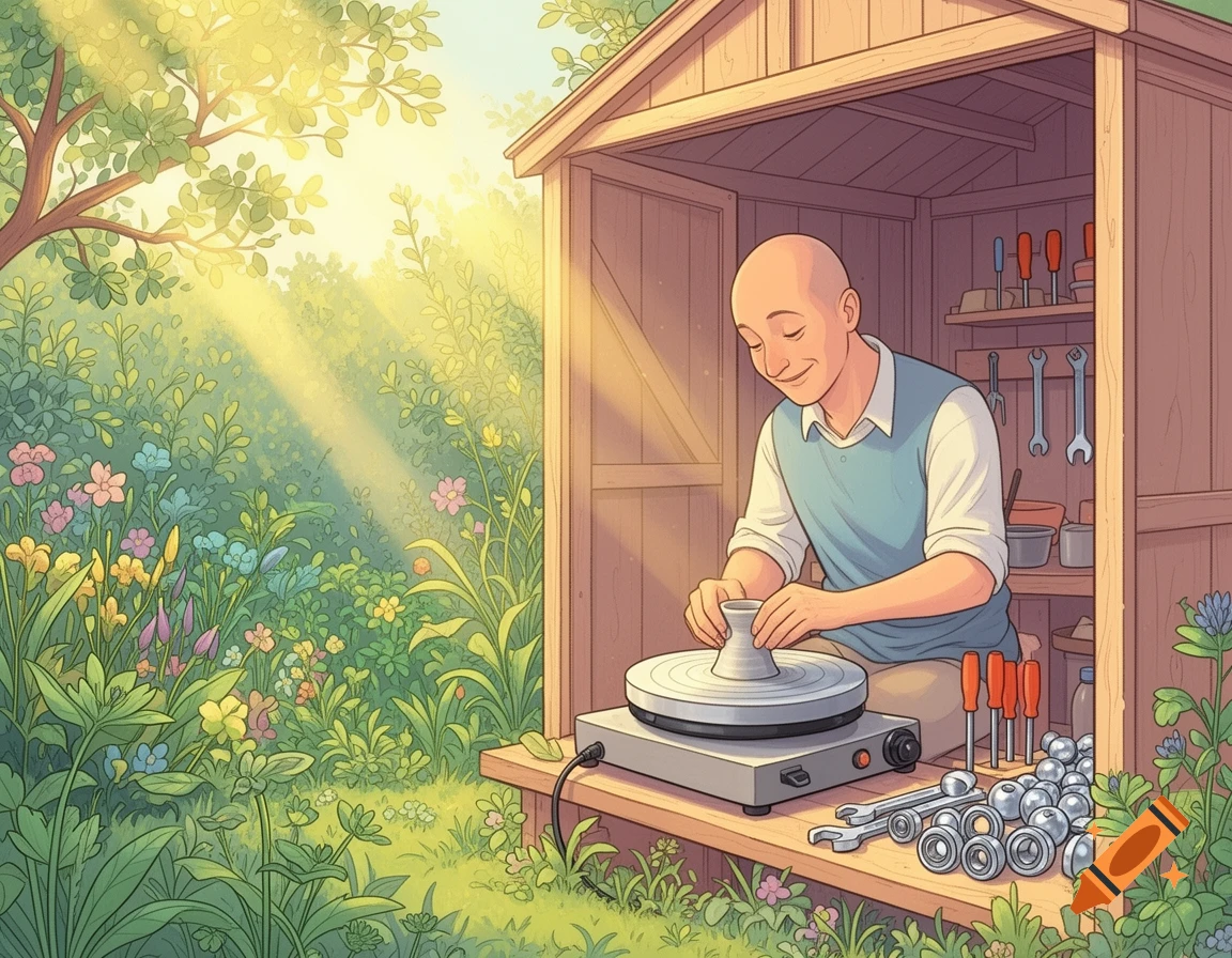 Bald man joyfully shaping clay on a pottery wheel in a cozy garden shed, sun streaming in, surrounded by tools and greenery. Illustrated.