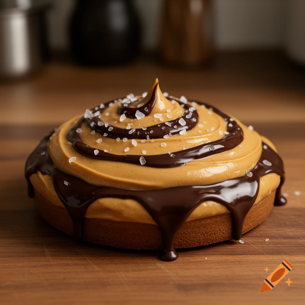 Photorealistic close-up of a dessert with peanut butter frosting, chocolate drizzle, and sea salt flakes.