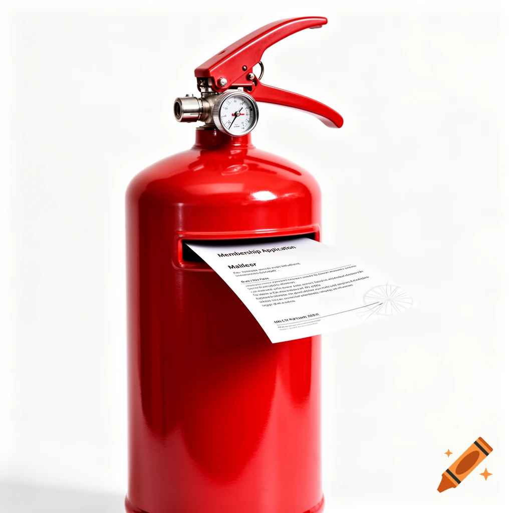 A red fire extinguisher repurposed as a mailbox, with a document labeled "Membership Application" partially inserted into a slot on its side, against a white background.