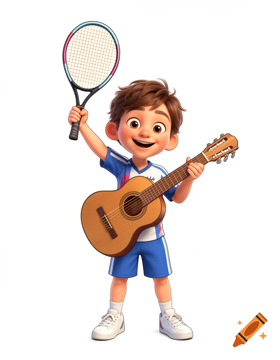 A vibrant cartoon child holding a tennis racket and an acoustic guitar, smiling on a white background in Pixar style.