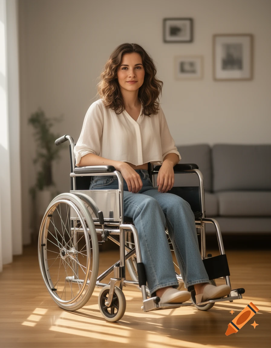 A young woman in a white crop top and jeans sits in a wheelchair, smiling at the camera in a sunlit room.