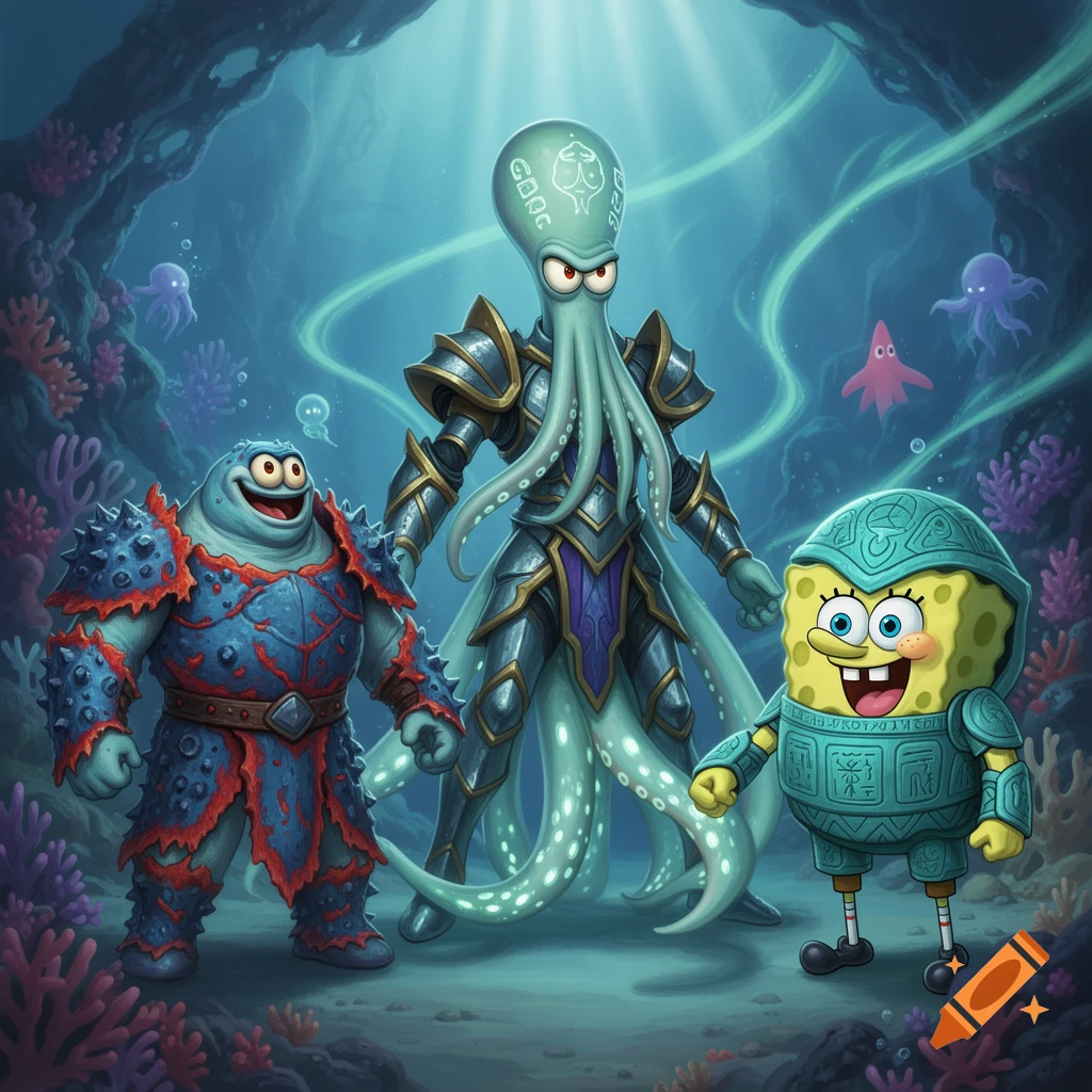 SpongeBob, Patrick, and Squidward reimagined as epic armored warriors in an underwater cave, with coral and glowing light from above.