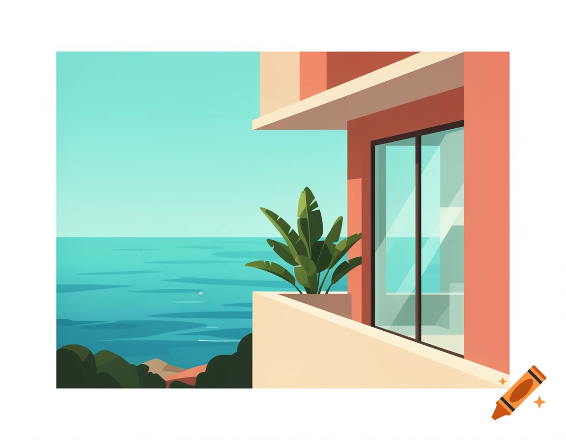 Flat design illustration of a modern apartment balcony with a tropical plant, overlooking the turquoise Mediterranean sea.