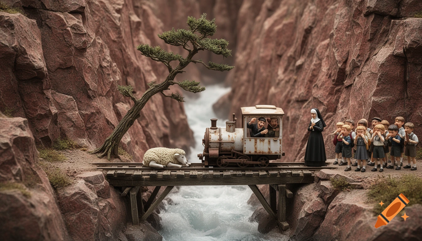 A model diorama of a train halted by a sleeping sheep on a bridge, observed by a nun and children in a rocky ravine.