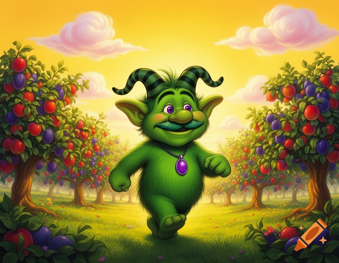 A fuzzy green troll with a moustache and striped horns smiles while walking through a vibrant orchard under a yellow sky with pink clouds.