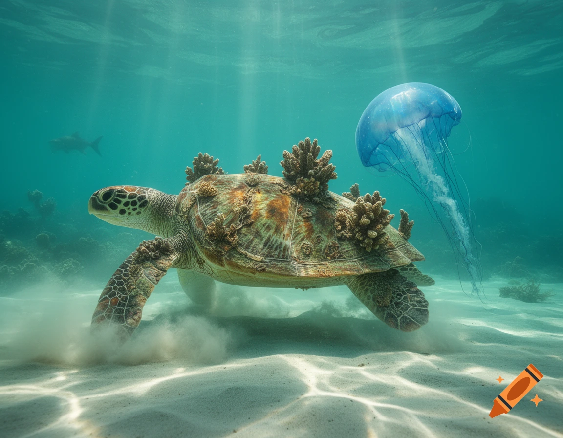 A photorealistic green sea turtle, with coral growing on its shell, swims underwater near a blue jellyfish and a distant shark.