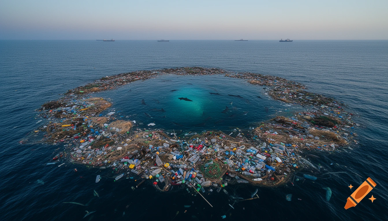 Aerial view of a large ring of ocean trash with sharks swimming in clear water at the center and ships on the horizon, photorealistic.