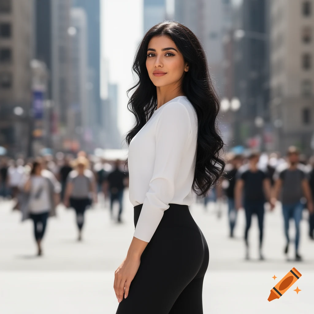 Photorealistic portrait of a young woman with long dark hair, wearing a white top and black pants, standing on a busy city street.