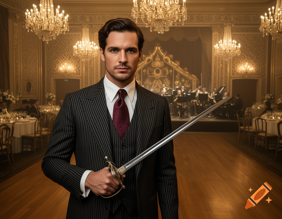 A man in a pinstripe suit and red tie holding a sword in a grand 1920s ballroom with chandeliers.