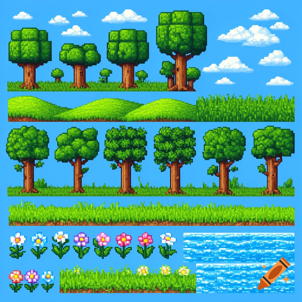Pixel art spritesheet for a retro video game featuring various trees, grassy landscapes, clouds, flowers, and water elements.